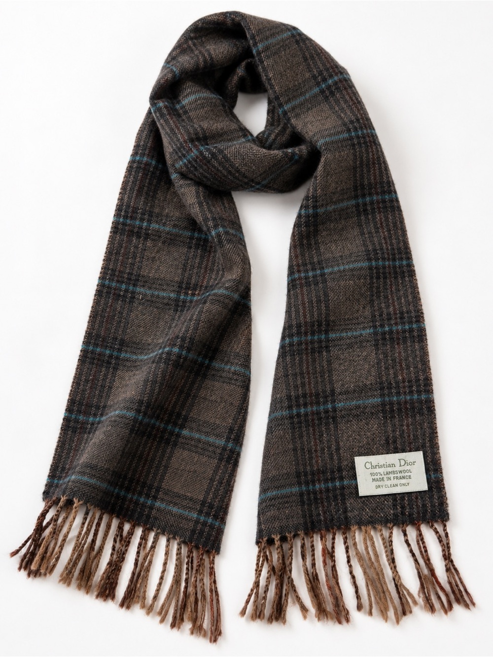 Vintage Christian Dior 100% Lambswool Plaid Scarf Made in France Fringe